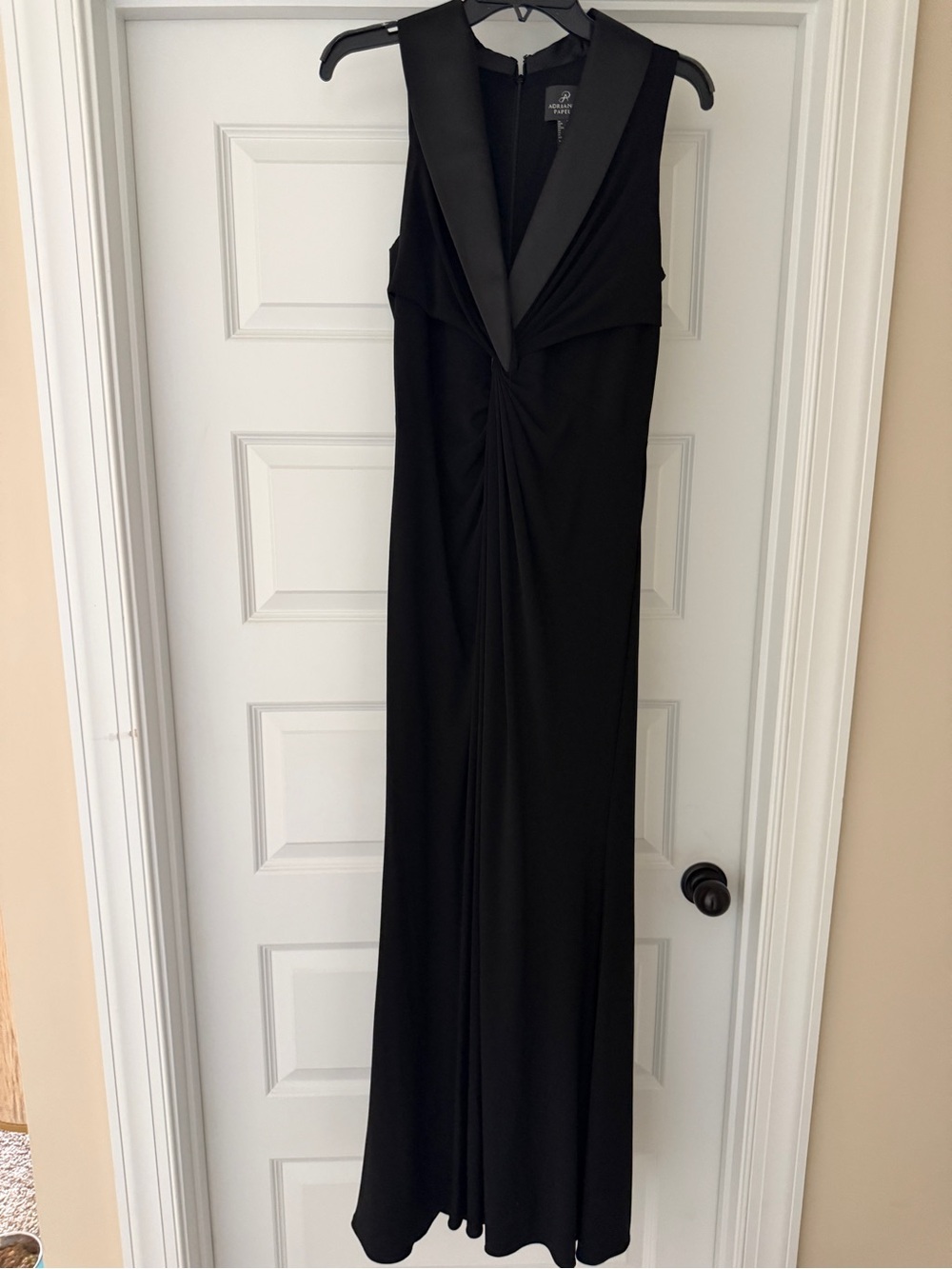 Adrianna Papell Black Tuxedo Sleeveless Maxi Gown with Draped Front - Picture 2 of 3